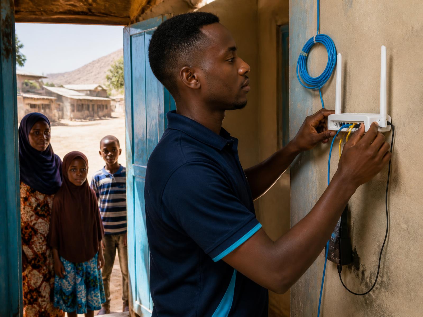 An IAFFORDABLENET technician installing and configuring network equipment for a customer